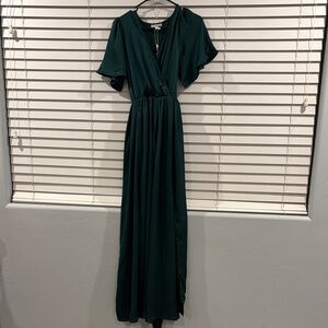 Baltic Born Dark Green Flutter Sleeve Sicily Satin Maxi Dress